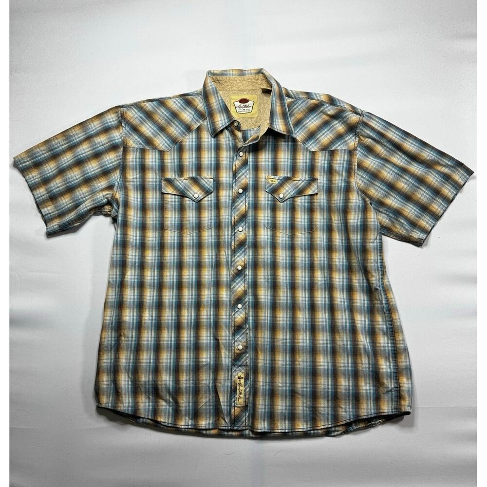 Larry‎ Mahan Men's Short Sleeve Tan Blue Plaid Western Pearl Snap Shirt - XXL*